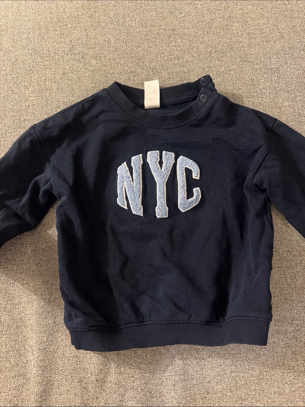 5/$15- H&M Navy Crewneck Sweatshirt with Light Blue 'NYC' Chenille